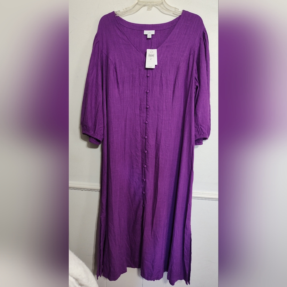 NWT J. Jill Boho Puff Sleeve V neck Buttonfront Midi Dress Linen Blend Women